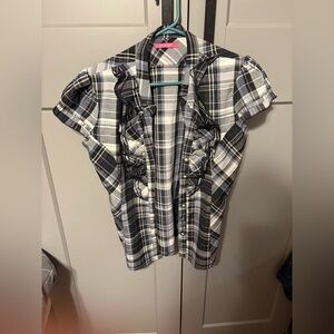 Studio Monochrome Plaid Ruffle Button Down Shirt